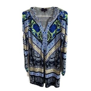 Hale Bob Long Sleeve Beaded Neckline Dress Small Blue Green Abstract V-neck Mini